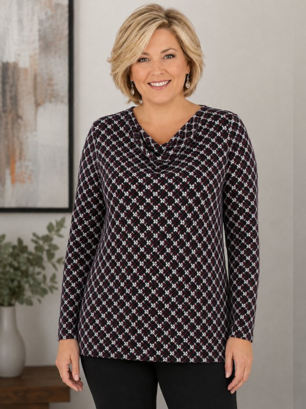 Talbots Draped Cowl Neck Top Long Sleeved Size Large Black White Red Print
